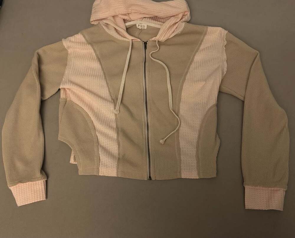 POL Waffle Knit Zip Up Hoodie Size L Beige Pink Thermal Cropped